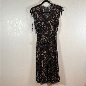 Chaps Black & Tan Artsy Floral Button Down Dress Scrunch Shoulders Size Large